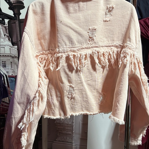 Distressed Fringe Oversized Denim Jacket – powder, pink - Picture 9 of 9
